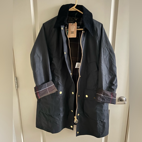 Barbour Jackets & Blazers - NEW! BARBOUR size 6 US Beadnell Long Wax Jacket Navy Blue Classic Tartan Gold